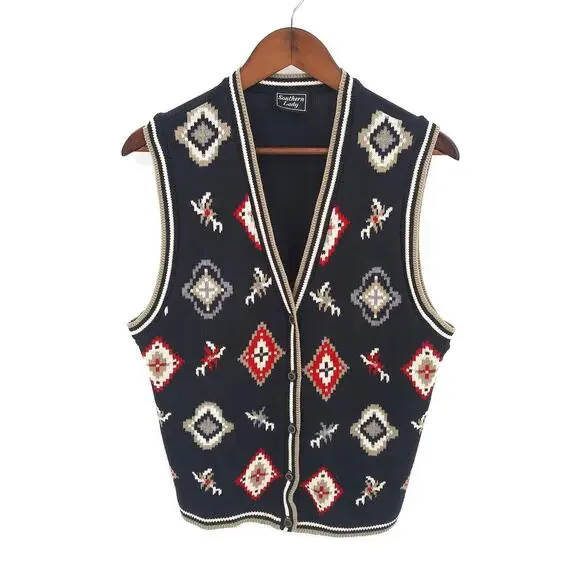 Vintage Southern Lady Black Diamond Print Grandma Knit Sweater Vest Sz Large - Picture 7 of 7